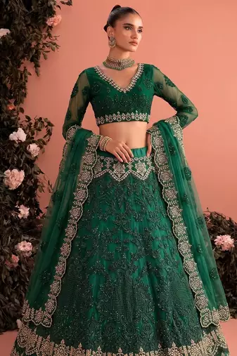 Green Embroidered Net Zari Work Lehenga Choli - Free size