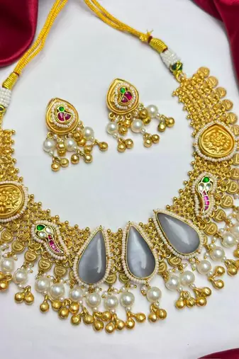 Showstopper - Antique Gold Temple Necklace Set with Earrings, South Indian Bridal Jewelry