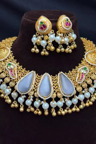 Showstopper - Antique Gold Temple Necklace Set with Earrings, South Indian Bridal Jewelry