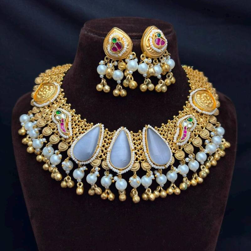 Showstopper - Antique Gold Temple Necklace Set with Earrings, South Indian Bridal Jewelry