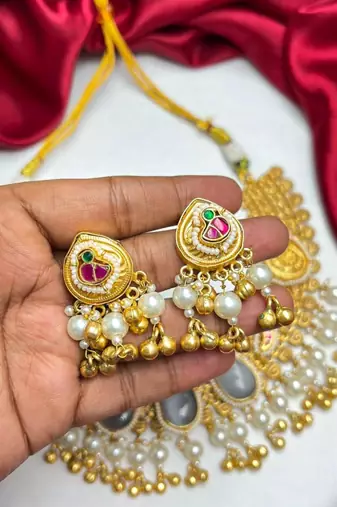 Showstopper - Antique Gold Temple Necklace Set with Earrings, South Indian Bridal Jewelry