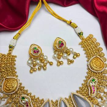 Showstopper - Antique Gold Temple Necklace Set with Earrings, South Indian Bridal Jewelry 5