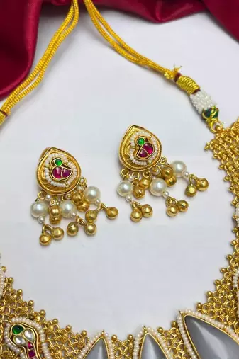 Showstopper - Antique Gold Temple Necklace Set with Earrings, South Indian Bridal Jewelry