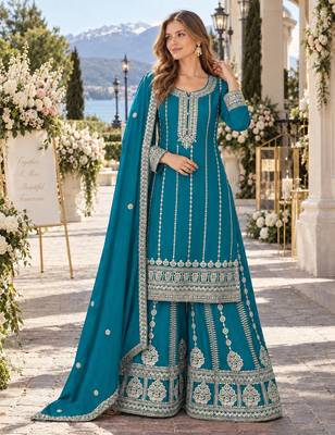 Blue chinon readymade plazzo suit with embroidery sequence work 1