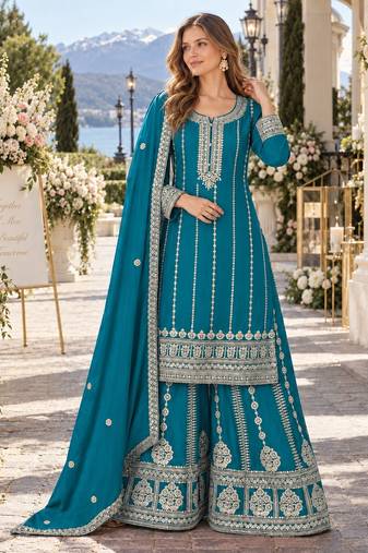 Blue chinon readymade plazzo suit with embroidery sequence work