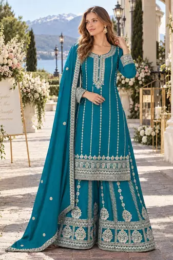 Blue chinon readymade plazzo suit with embroidery sequence work