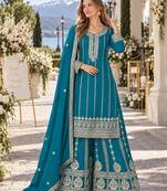 Blue chinon readymade plazzo suit with embroidery sequence work
