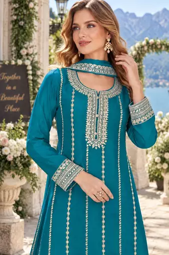Blue chinon readymade plazzo suit with embroidery sequence work