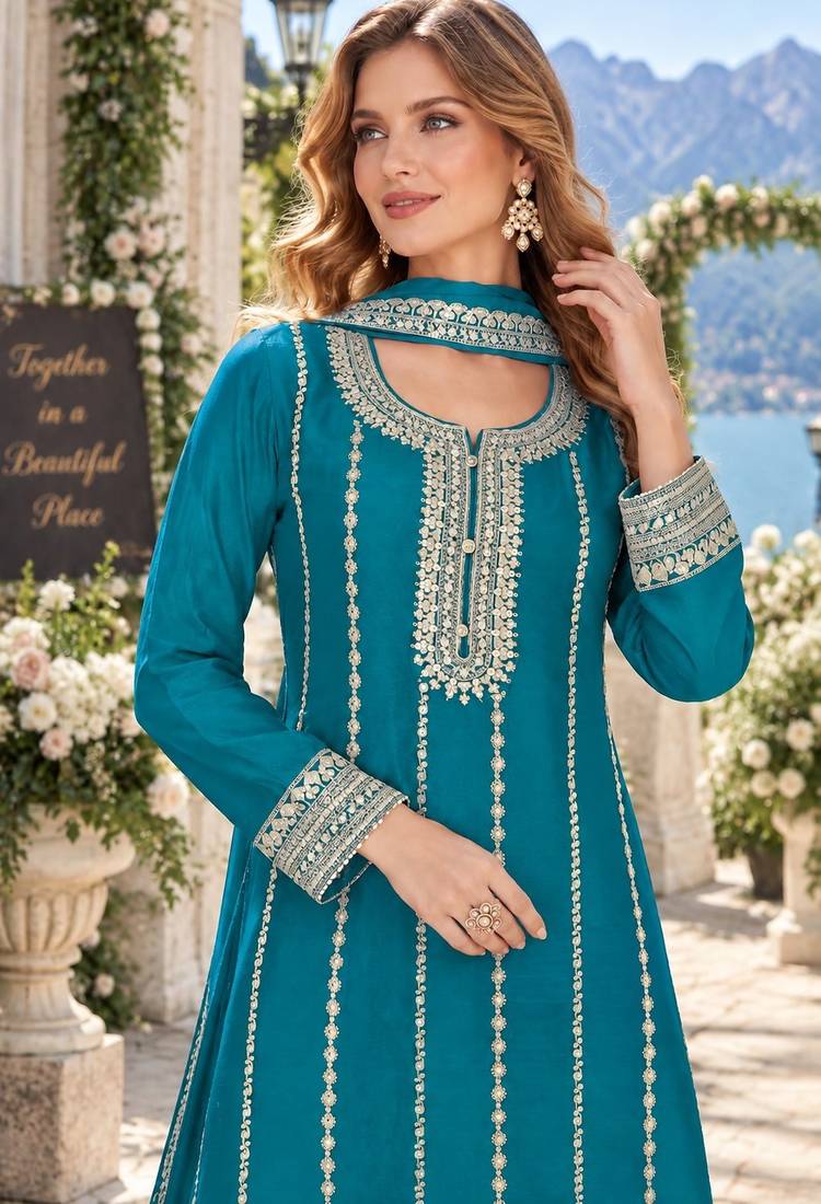 Blue chinon readymade plazzo suit with embroidery sequence work