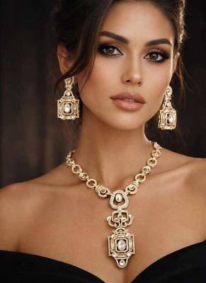 Gold Crystal Statement Necklace and Earring Set | Geometric Bridal Jewelry 1
