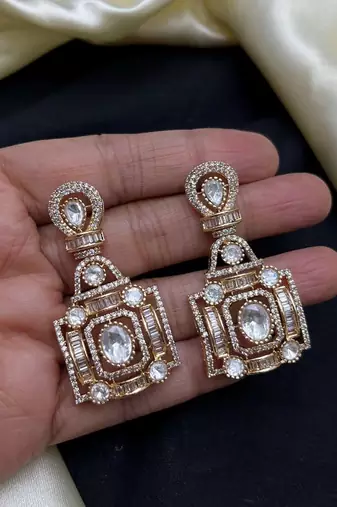 Gold Crystal Statement Necklace and Earring Set | Geometric Bridal Jewelry