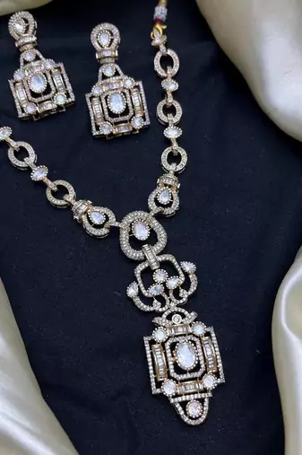 Gold Crystal Statement Necklace and Earring Set | Geometric Bridal Jewelry