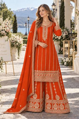 Orange chinon readymade plazzo suit with embroidery sequence work