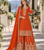 Orange chinon readymade plazzo suit with embroidery sequence work