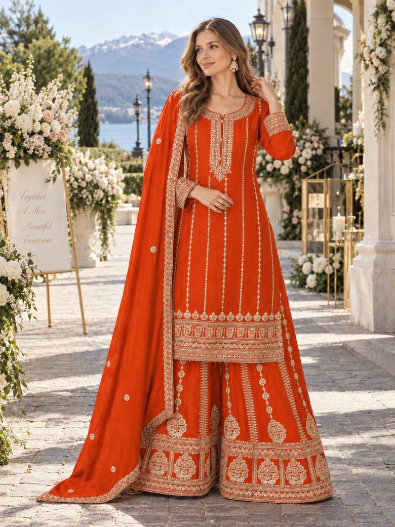 Orange chinon readymade plazzo suit with embroidery sequence work