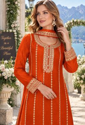 Orange chinon readymade plazzo suit with embroidery sequence work 2