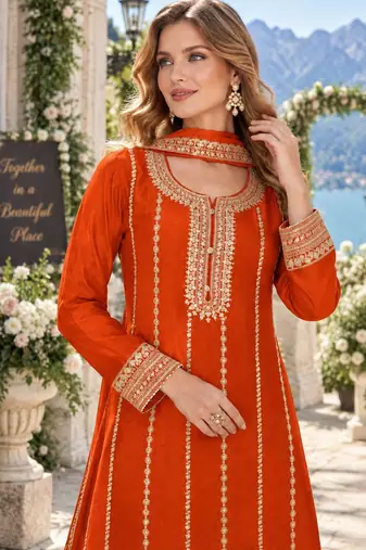 Orange chinon readymade plazzo suit with embroidery sequence work