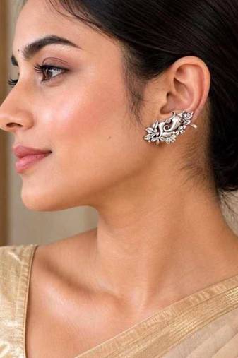Oxidized Ganesha Ear Cuff Earrings, Silver Elephant God Ear Climber, Indian Festival Jewelry