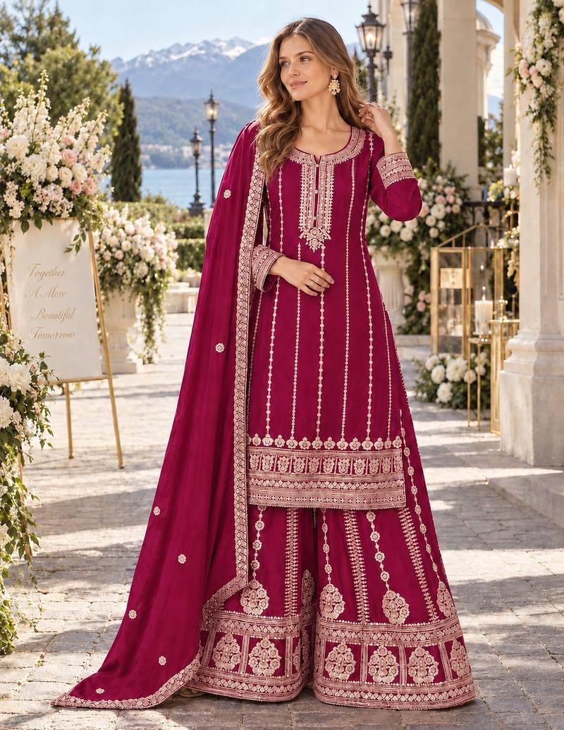 Rani chinon readymade plazzo suit with embroidery sequence work