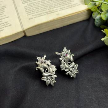 Oxidized Ganesha Ear Cuff Earrings, Silver Elephant God Ear Climber, Indian Festival Jewelry 2