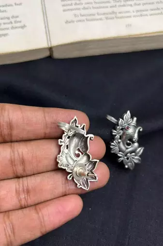 Oxidized Ganesha Ear Cuff Earrings, Silver Elephant God Ear Climber, Indian Festival Jewelry