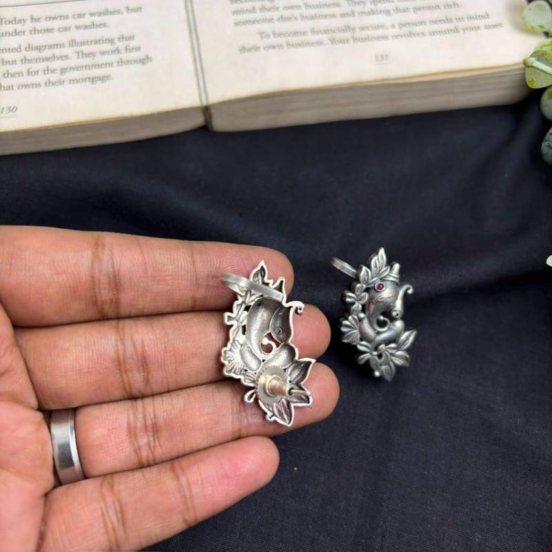 Oxidized Ganesha Ear Cuff Earrings, Silver Elephant God Ear Climber, Indian Festival Jewelry