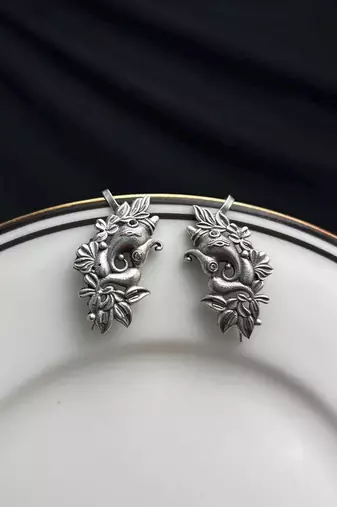 Oxidized Ganesha Ear Cuff Earrings, Silver Elephant God Ear Climber, Indian Festival Jewelry