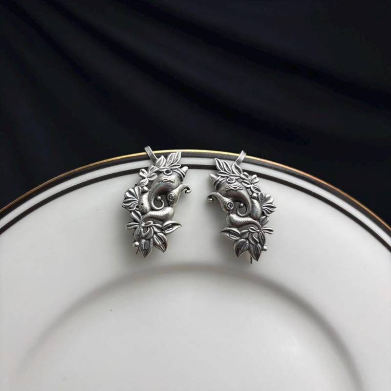 Oxidized Ganesha Ear Cuff Earrings, Silver Elephant God Ear Climber, Indian Festival Jewelry