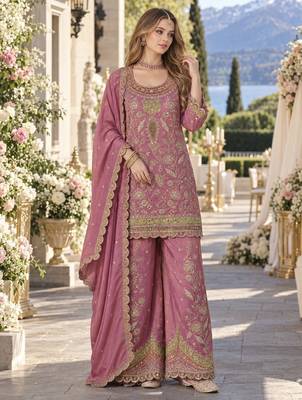 Purple dolla silk readymade plazzo suit with embroidery  work 1