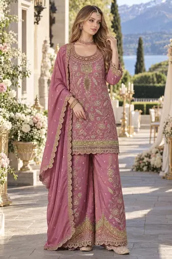 Purple dolla silk readymade plazzo suit with embroidery  work