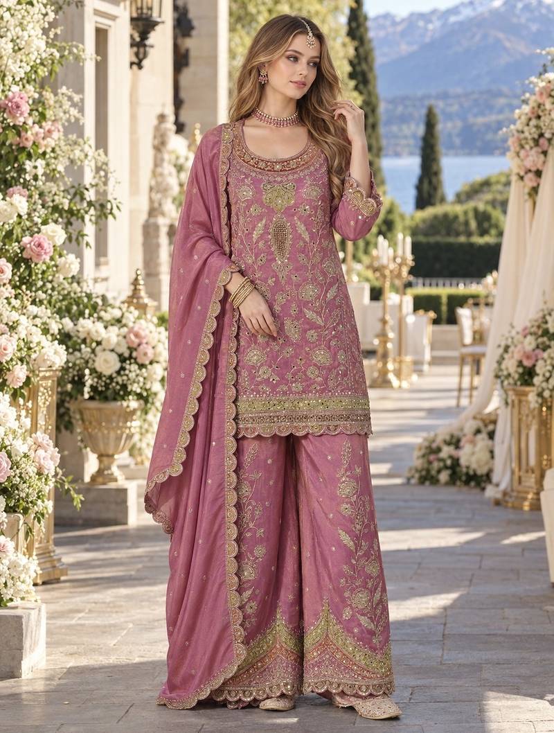 Purple dolla silk readymade plazzo suit with embroidery  work