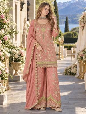 Orange dolla silk readymade plazzo suit with embroidery  work 1