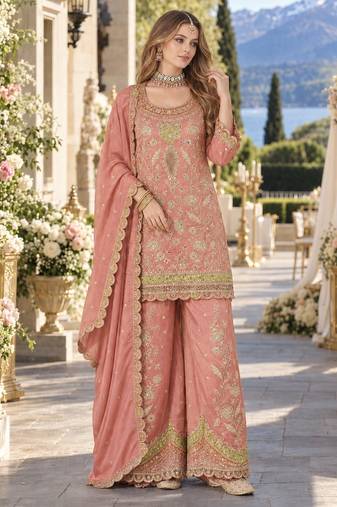 Orange dolla silk readymade plazzo suit with embroidery  work