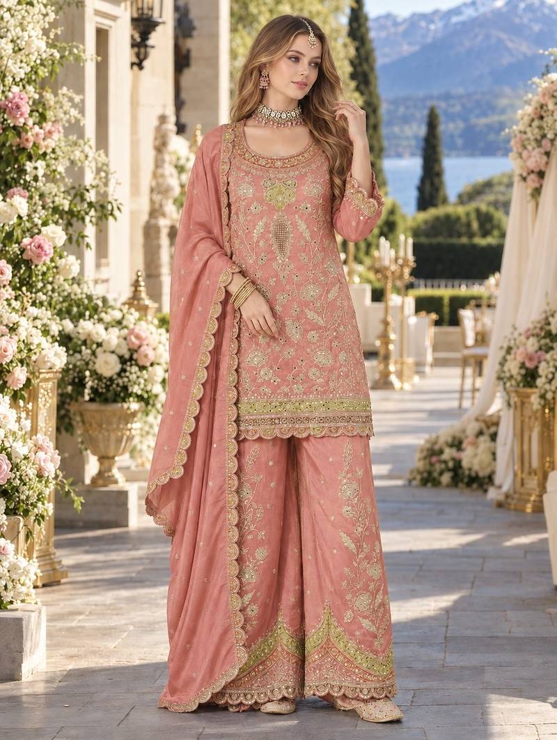 Orange dolla silk readymade plazzo suit with embroidery  work