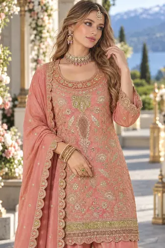 Orange dolla silk readymade plazzo suit with embroidery  work