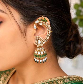 Kundan EarCuffs Earrings with Gold Jhumka, Indian Bridal Ear Climber, Pearl Green Stone Earrings 1