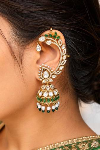 Kundan EarCuffs Earrings with Gold Jhumka, Indian Bridal Ear Climber, Pearl Green Stone Earrings