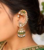 Kundan EarCuffs Earrings with Gold Jhumka, Indian Bridal Ear Climber, Pearl Green Stone Earrings