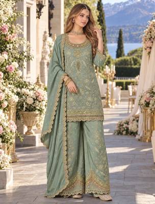 Blue dolla silk readymade plazzo suit with embroidery  work 1
