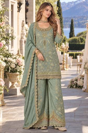 Blue dolla silk readymade plazzo suit with embroidery  work
