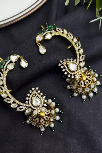 Kundan EarCuffs Earrings with Gold Jhumka, Indian Bridal Ear Climber, Pearl Green Stone Earrings