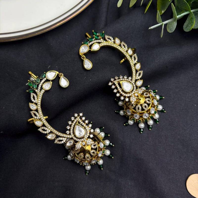 Kundan EarCuffs Earrings with Gold Jhumka, Indian Bridal Ear Climber, Pearl Green Stone Earrings