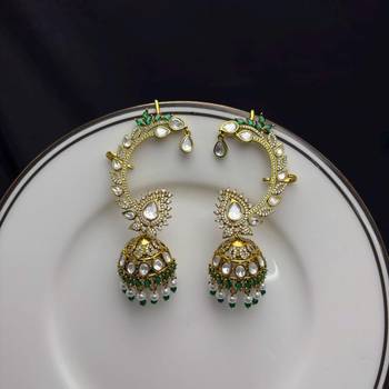 Kundan EarCuffs Earrings with Gold Jhumka, Indian Bridal Ear Climber, Pearl Green Stone Earrings 3