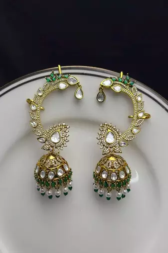 Kundan EarCuffs Earrings with Gold Jhumka, Indian Bridal Ear Climber, Pearl Green Stone Earrings