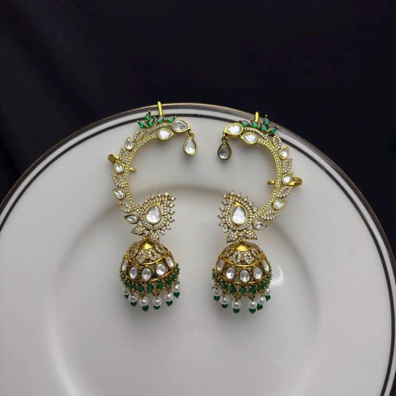 Kundan EarCuffs Earrings with Gold Jhumka, Indian Bridal Ear Climber, Pearl Green Stone Earrings