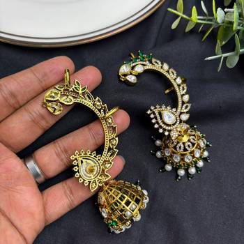 Kundan EarCuffs Earrings with Gold Jhumka, Indian Bridal Ear Climber, Pearl Green Stone Earrings 4