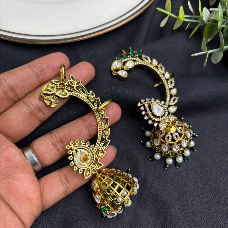 Kundan EarCuffs Earrings with Gold Jhumka, Indian Bridal Ear Climber, Pearl Green Stone Earrings
