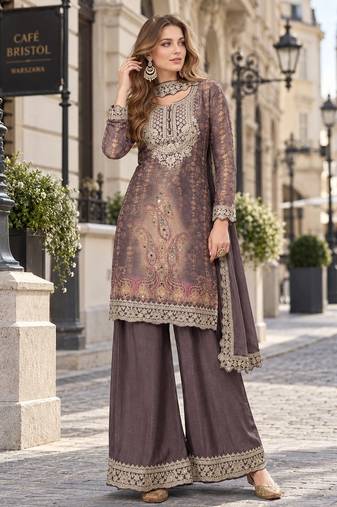 Grey chinon readymade plazzo suit with embroidery work