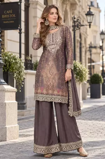 Grey chinon readymade plazzo suit with embroidery work