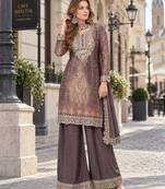 Grey chinon readymade plazzo suit with embroidery work
